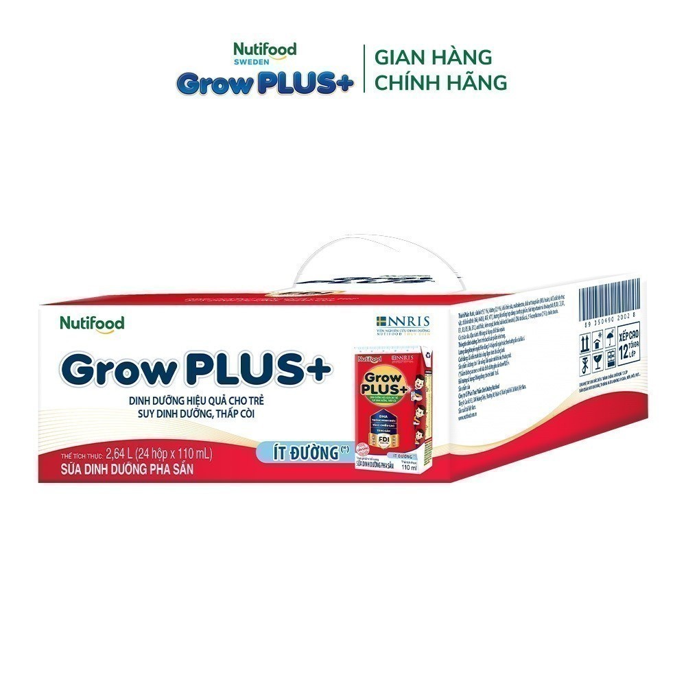 Thùng 24 hộp Sữa Bột Pha Sẵn Nutifood GrowPLUS+ Suy Dinh Dưỡng (Đỏ) Ít đường 110ml - Tăng Cân, Tăng Chiều Cao