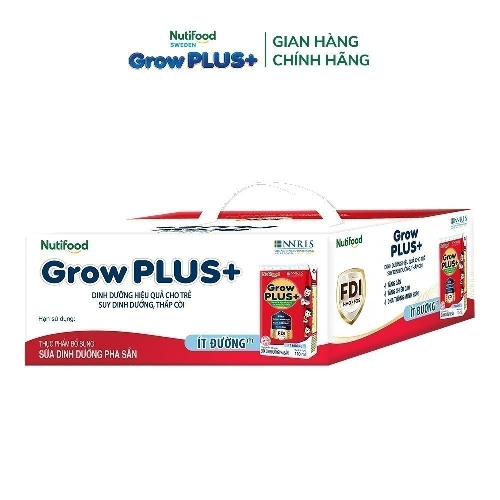 Thùng 24 hộp Sữa Bột Pha Sẵn Nutifood GrowPLUS+ Suy Dinh Dưỡng (Đỏ) Ít đường 110ml - Tăng Cân, Tăng Chiều Cao