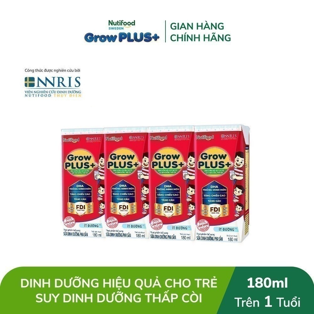 Thùng Sữa Bột Pha Sẵn Nutifood GrowPLUS+ ít đường Suy Dinh Dưỡng  - Tăng Cân, Tăng Chiều Cao (48 Hộp x 180m
