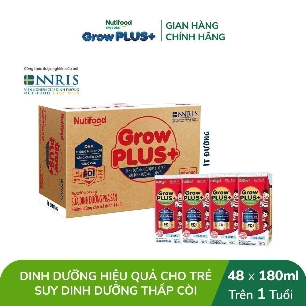 Thùng Sữa Bột Pha Sẵn Nutifood GrowPLUS+ ít đường Suy Dinh Dưỡng  - Tăng Cân, Tăng Chiều Cao (48 Hộp x 180m