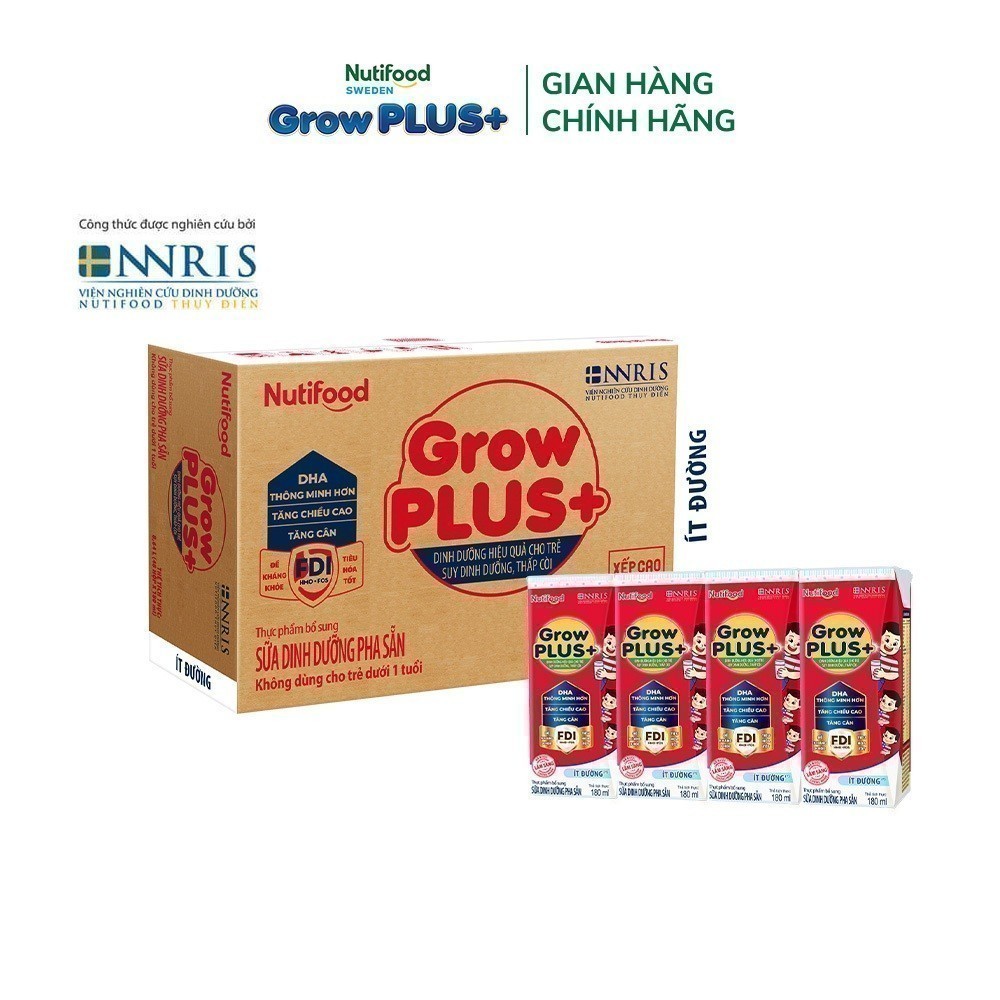 Thùng Sữa Bột Pha Sẵn Nutifood GrowPLUS+ ít đường Suy Dinh Dưỡng  - Tăng Cân, Tăng Chiều Cao (48 Hộp x 180m