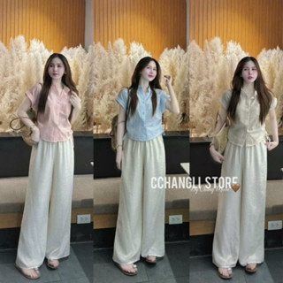 [12.12] Sét bộ thời trang nữ áo xốp kẻ sọc sơ mi tay hến phối túi rút dây eo hai bên mix quần ống rộng chất đũi xinh xắn