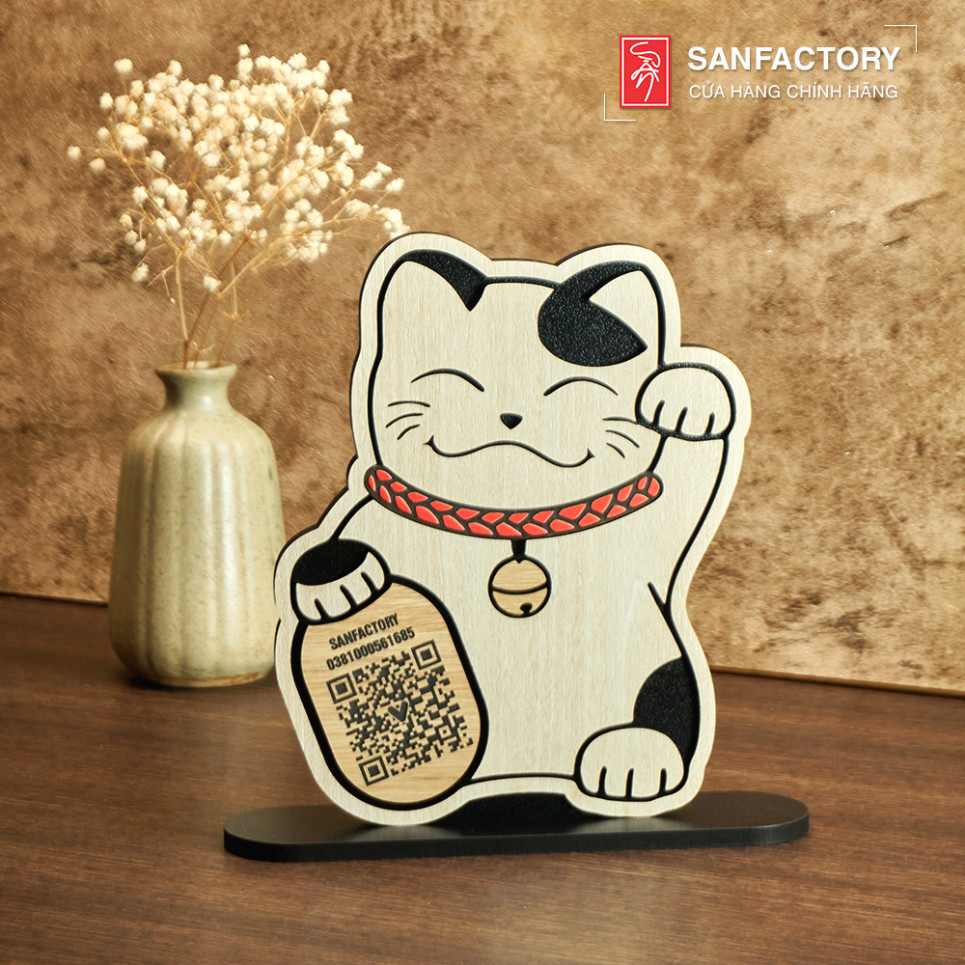 Bảng gỗ QR Code hình Mèo Thần Tài quét mã thanh toán SAN-QR03 (treo tường và để bàn) [WoodLaserdecor