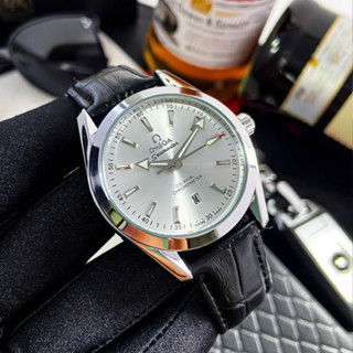 Đồng hồ nam thể thao OMEGA dây da chống xước chống nước khung viền thép máy pin JAPAN