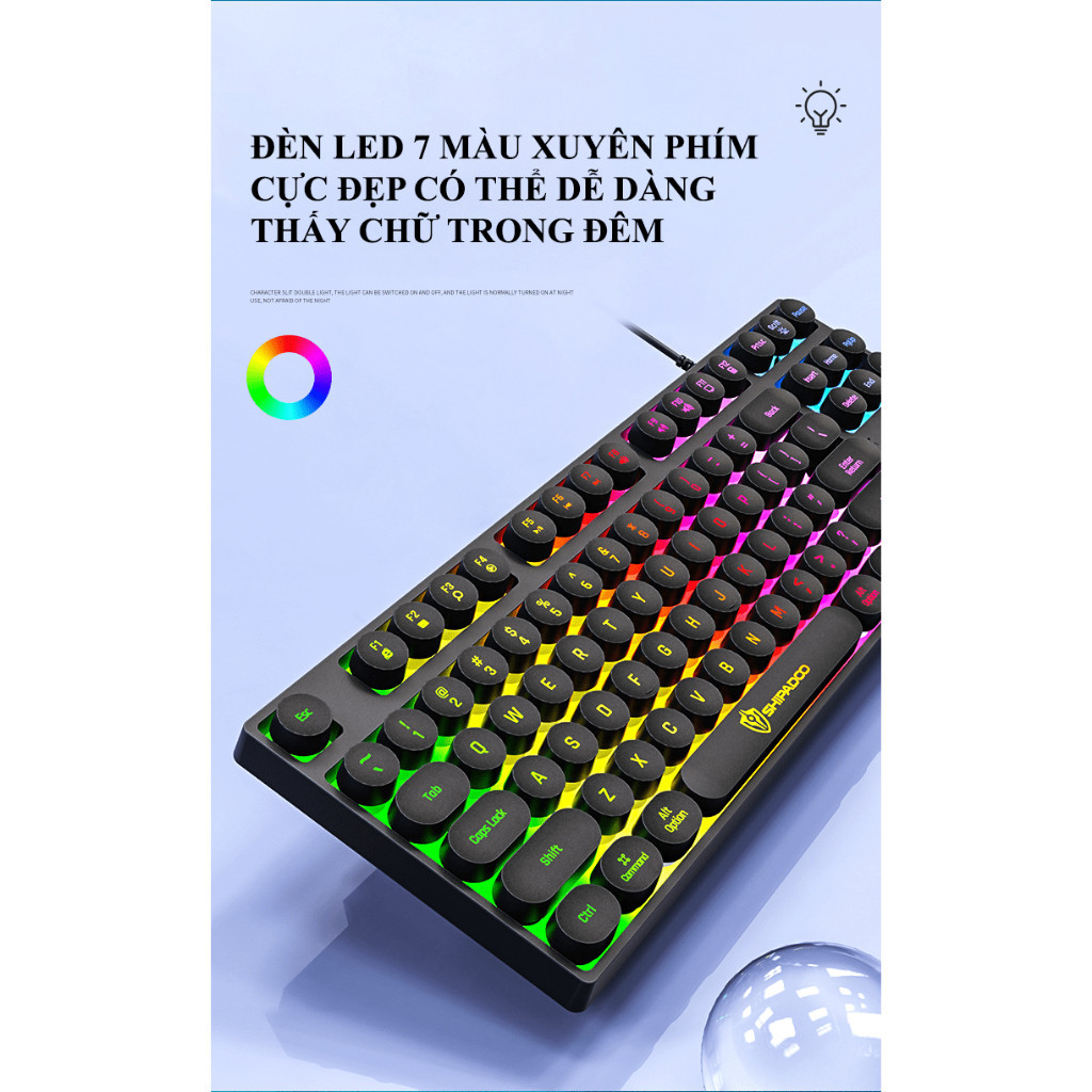 Bàn phím giả cơ SHIPADOO K87 nút tròn đèn led 7 màu cực đẹp