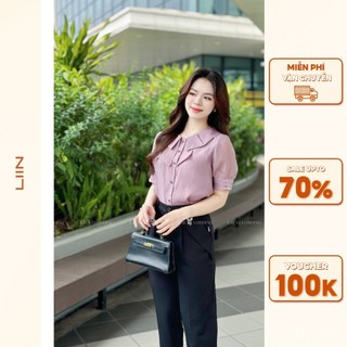 Áo Kiểu Nữ Chất Liệu Crep Tím Thoáng Mát Cách Điệu Cổ Tay Xếp Nếp Tay Bồng Dễ Mặc Liin Clothing AKC748SPU-S24
