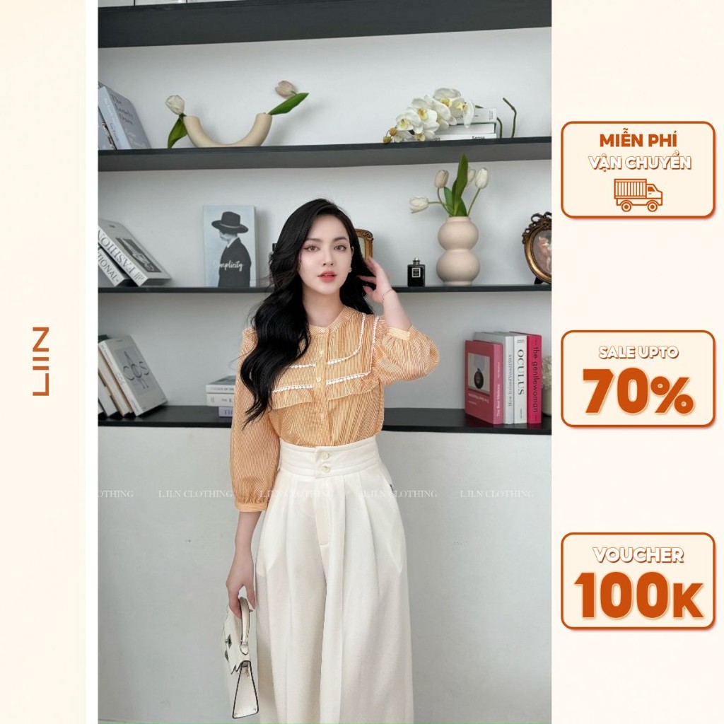 Áo Kiểu Nữ Tay Lỡ Chất Liệu Tơ Kẻ Cao Cấp May 2 Lớp Không Lộ Hở Có Phối Ren Kết Hợp Bèo Tạo Điểm Nhấn Liin AKL671