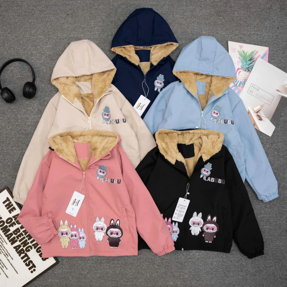 Áo khoác gió Labubu 2 lớp lót lông cừu MYXU siêu ấm cho bé Áo gió cho bé trai bé gái 2 lớp dễ thương ấm áp size 15-40kg 