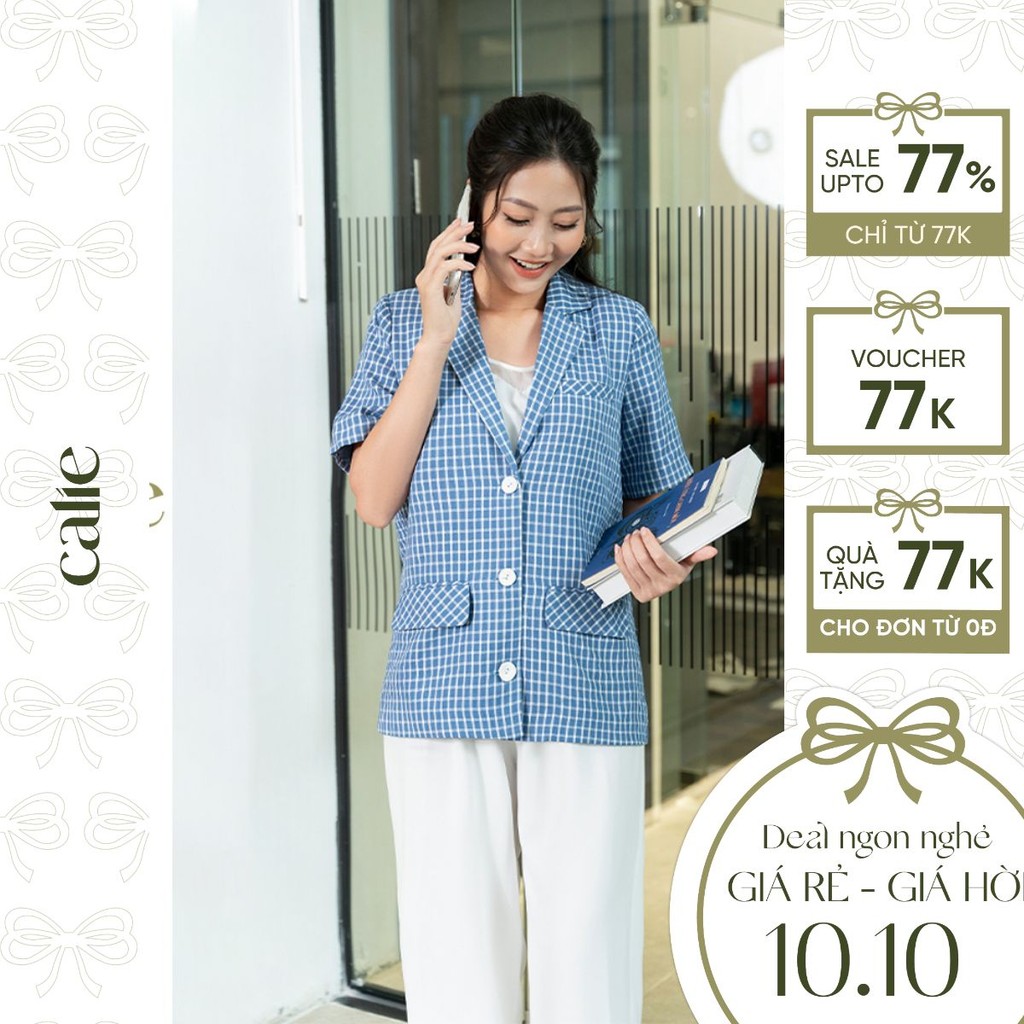 Áo blazer kẻ tay cộc basic cổ V dáng dứng Calie AB018