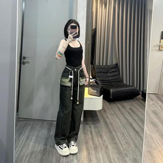 Quần jean nữ ống rộng ELWYN quần bò suông cạp cao thêu chữ KAKA trơn màu đen ánh rêu size S M L 368