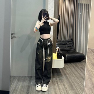 Quần bò rách ELWYN quần ống đứng nữ bagic dễ phối đồ có rách gối dành cho nữ eo cao công sở  500