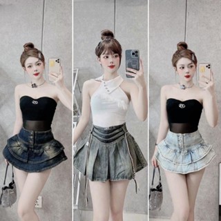 Chân váy jean xòe MELINA ( tặng kèm đai) chân váy ngắn 2 tầng xếp ly nhiều màu size S M L SPG6