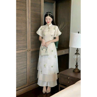 [FREESHIP] Sét áo dài diện TẾT 2024 cách tân tơ kim sa thêu hoa phối cổ thắt nơ tay bồng+CÓ KÈM QUẦN PHI LỤA CAO CẤP THA