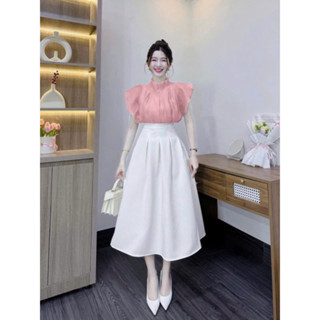   FREESHIP  Set váy maxi nữ chất voan tơ áo tay bèo cổ tròn có lót mix chân váy cotton lạnh 2 màu xinh xắn mặc đi chơi đ 