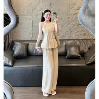 [FREESHIP] Set bộ thời trang nữ mặc đi chơi chất đũi vân mây áo cổ dây yếm xoè chạy mocking nút hở lưng quần dài suông x