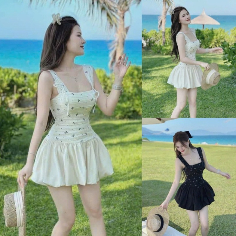 Đầm váy nữ chất thun xốp phối mango váy hai dây bảng to cột nơ ôm body dáng váy bí xoè phồng tiểu thư có mút