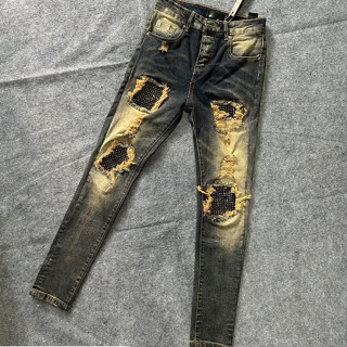 Quần JEAN Đính Đá Xanh Rêu Phối Loang Vàng, Quần bò nam đính đá bản rách xước tua vàng xanh mài MQU 036