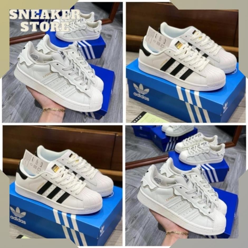 Giày_Adidas Superstar Màu Trắng 3 Sọc Đen Tem Vàng, Giày Thể Thao Nam Nữ Adidas Mũi Sò Trắng Full Bill Box