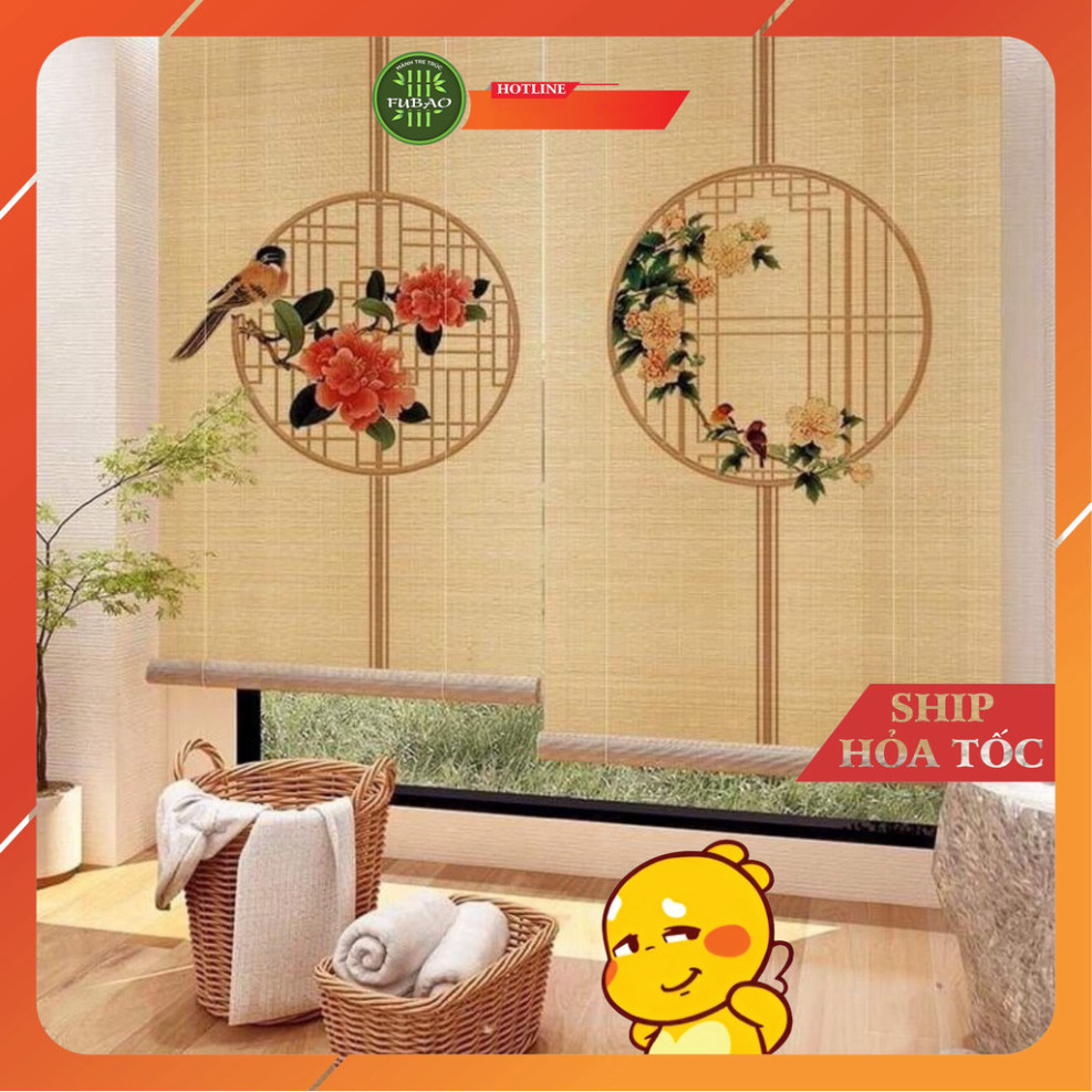 Mành tre trúc in tranh UV hình phong cảnh chim và hoa đào. Mành tre trúc trang trí decor cafe, spa.1