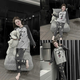   FreeShip  Set Bộ Đồ Nữ Mickey Xám Dài Tay Chất Cotton Tàu Siêu Cute 