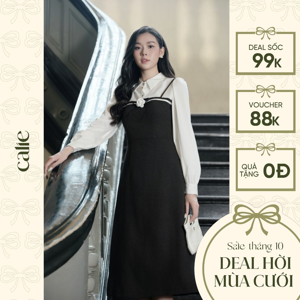 Đầm giả set dáng A qua gối đính nơ, hoa thời trang thiết kế Thương hiệu Calie VA447