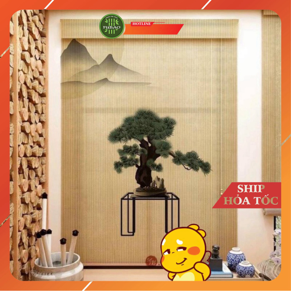 Mành tre trúc in tranh UV hình phong cảnh chim và hoa đào. Mành tre trúc trang trí decor cafe, spa.1
