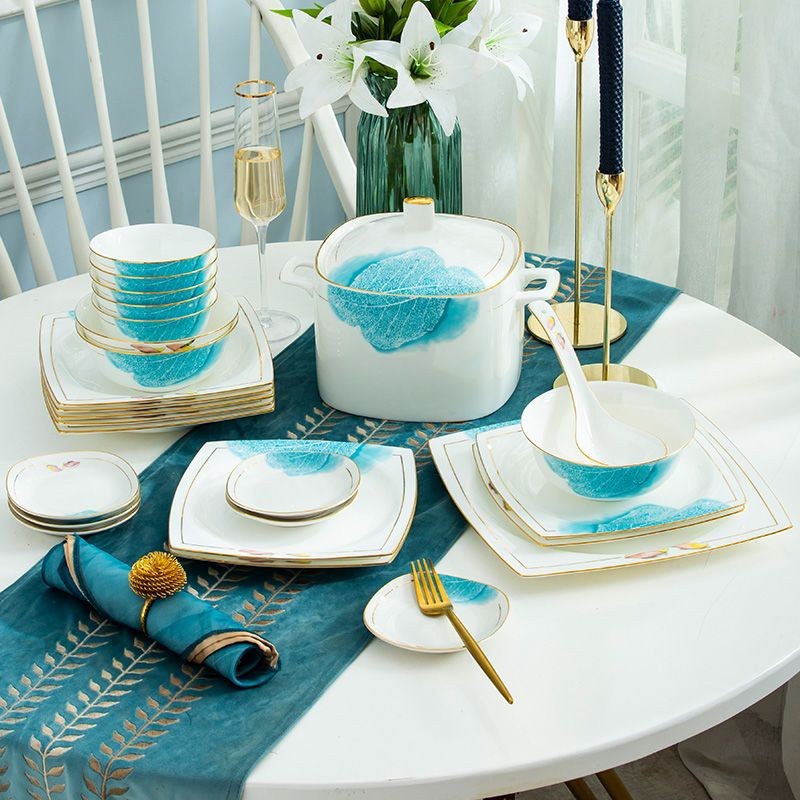 Bộ Bát Đĩa Bộ Đồ Ăn Bằng Sứ Xương Gia Dụng Bộ Bát Đĩa Gốm Sứ Jingdezhen Bộ Bát Viền Vàng Cao Cấp Pho