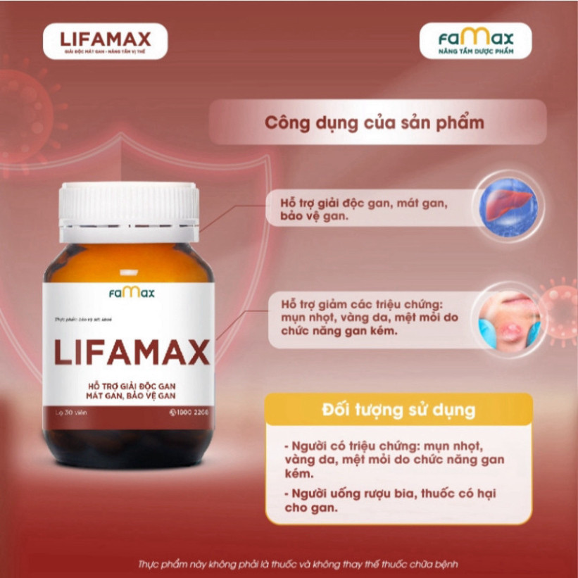 Giải Độc Gan Lifamax Giải Độc Gan, Mát Gan, Bổ Gan, Phục Hồi Chức Năng Gan (Hộp 30 Viên) thương hiệu Famax có FDA Mỹ