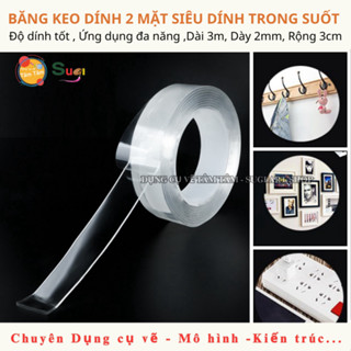 Băng keo dính 2 mặt siêu dính trong suốt, băng keo dán tường hai mặt nano silicon  dài 3M [ Sugi Art Shop ]