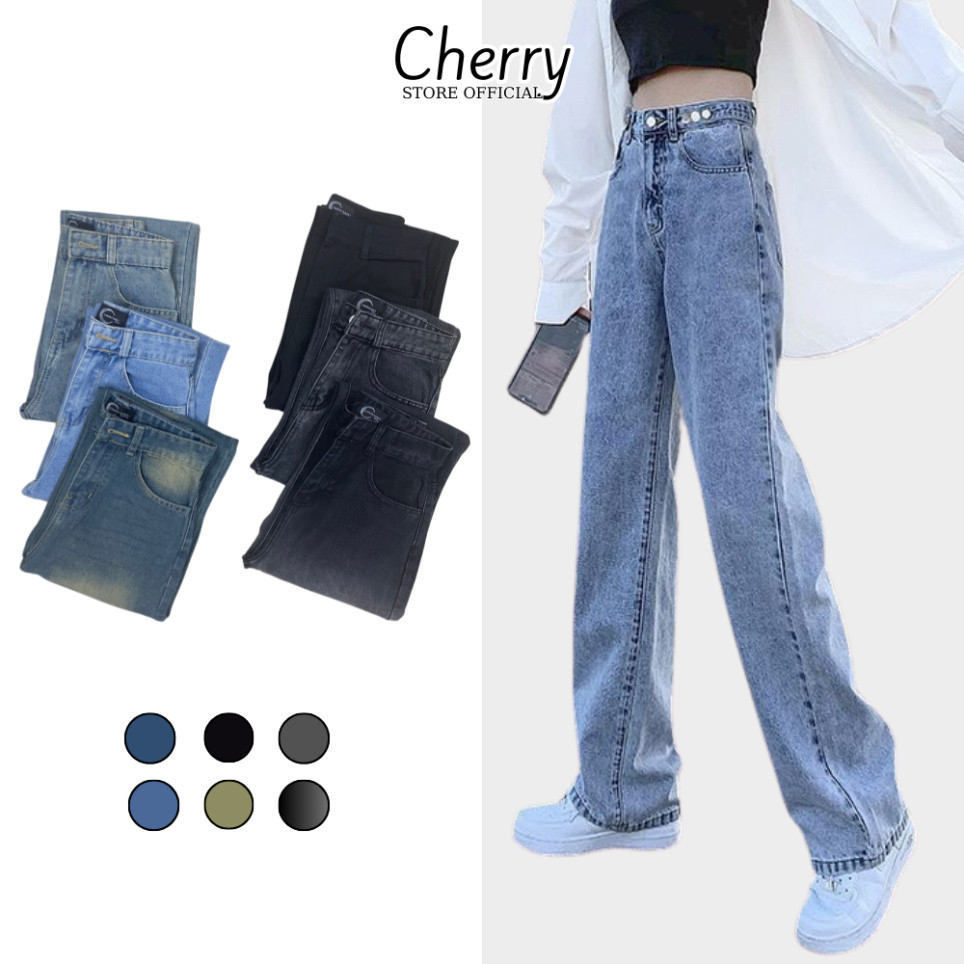 Quần bò ống rộng nữ cạp cao CHERRY quần jeans dáng suông vải bò dày đẹp không giãn dáng suông T008 - Hàng mới về