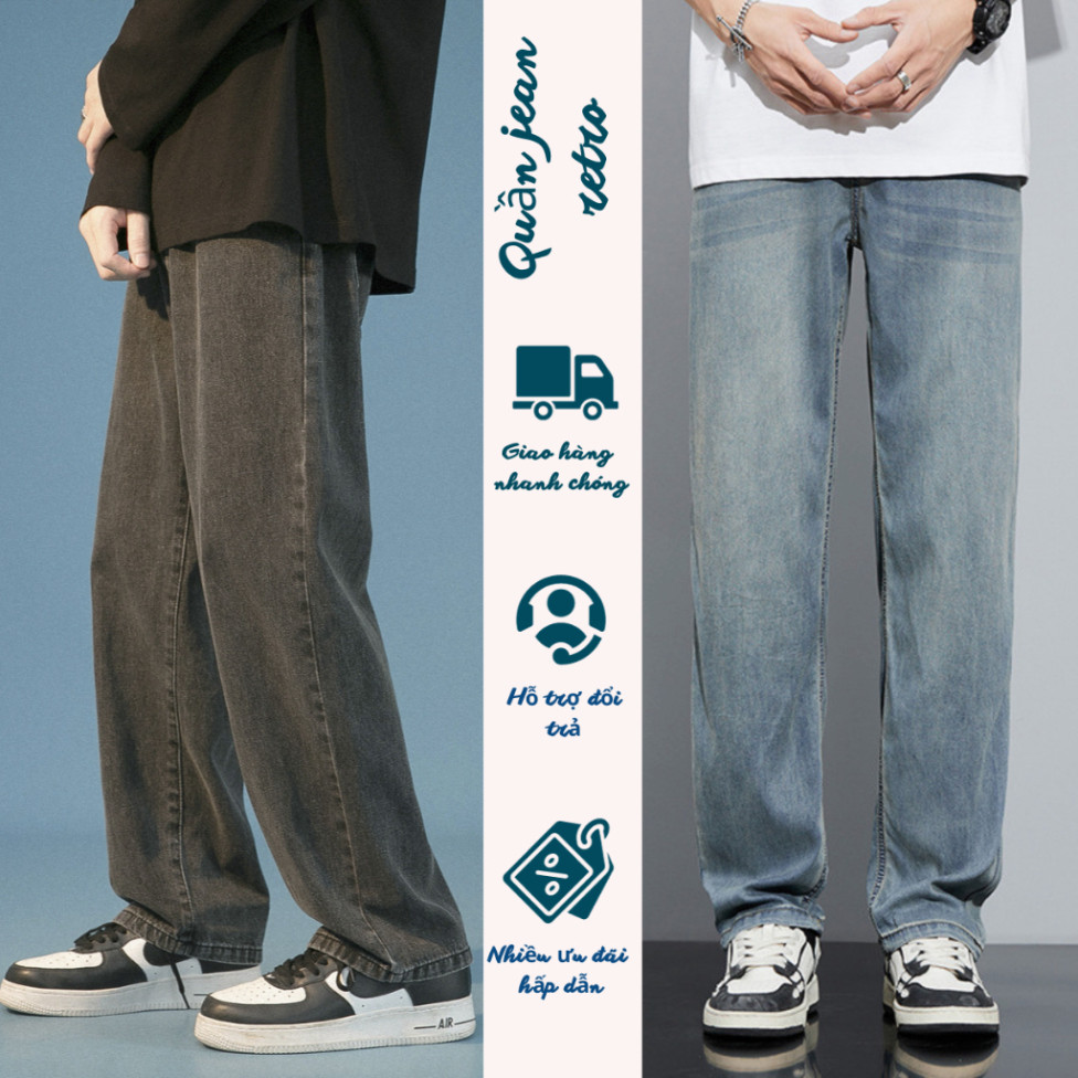 Quần jean nam RETRO ống rộng xuông cạp cao FABUMAN màu xanh trơn đơn giản quần bò nam dáng suông xu hướng 2023 - Hàng m