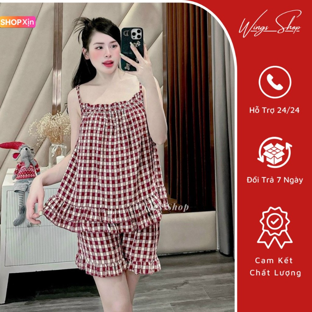 Bộ Đồ Ngủ Nữ Vải Đũi, Đồ Bộ Mặc Nhà 2 Dây Kẻ Bánh Bèo Quần Ngắn Có Túi - Wings Shop