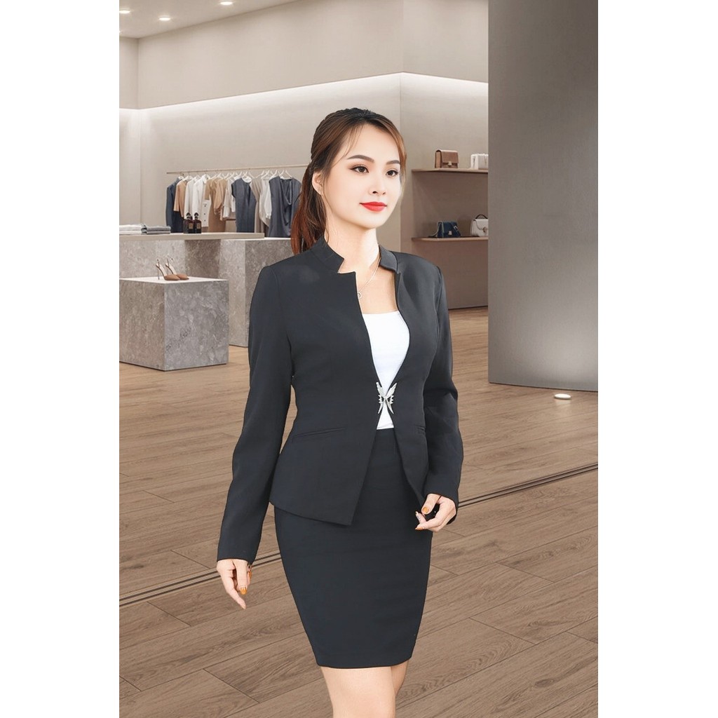 Áo vest đen cổ tàu tay dài cài móc túi viền lệch AVL09DE