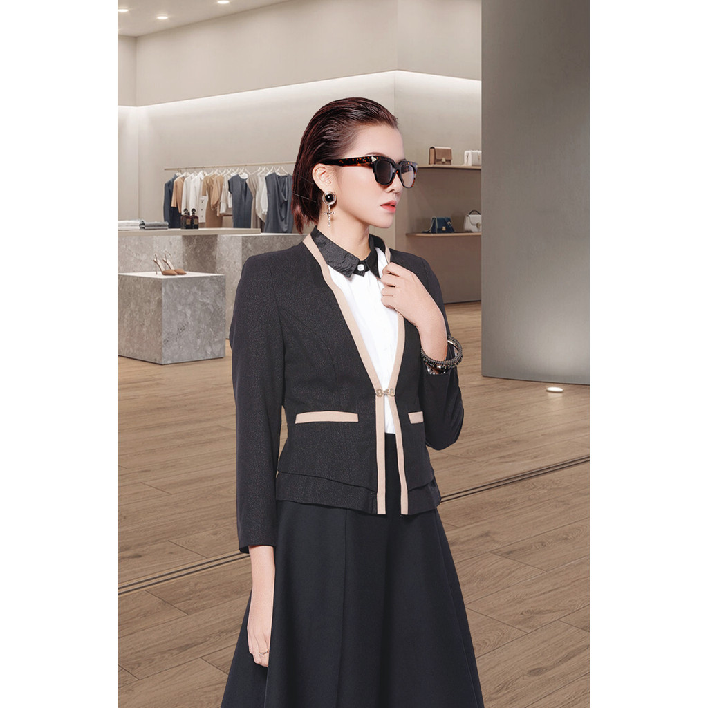 Áo vest gạo đen 2 lớp tay dài nẹp và cơi túi pha be AVP05DG