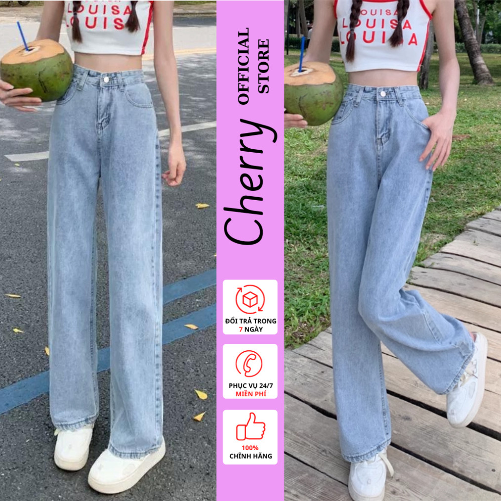 Quần jean nữ ống rộng CHERRY cạp cao dáng suông, quần bò nữ baggy chất denim xịn T008 - Hàng mới về