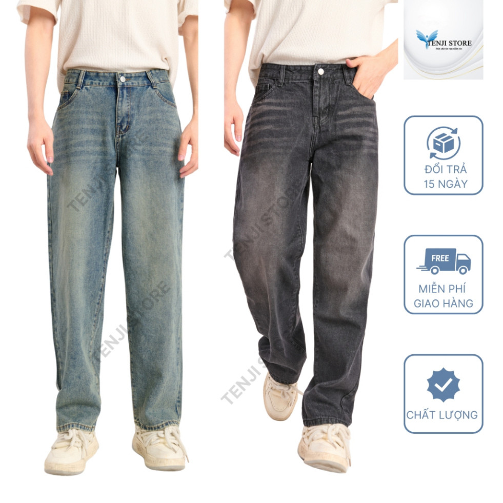 Quần jean baggy nam xanh bụi, dáng xuông, ống rộng cạp cao Quần bò nam dáng suông xu hướng, chất liệu cao cấp Tenji - H