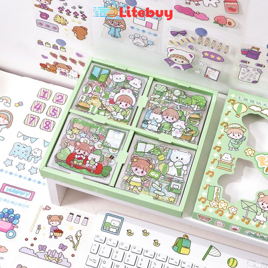 PVN45108 set hộp 100 tấm sticker 1000 hình dán chống nước nhiều phong cách cute dễ thương T5
