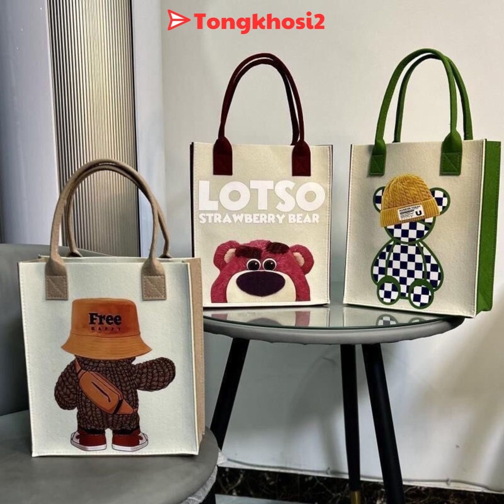 PVN61648 Túi vải nỉ tote tiện lợi đa năng họa tiết hoạt hình gấu dâu tongkhosi2