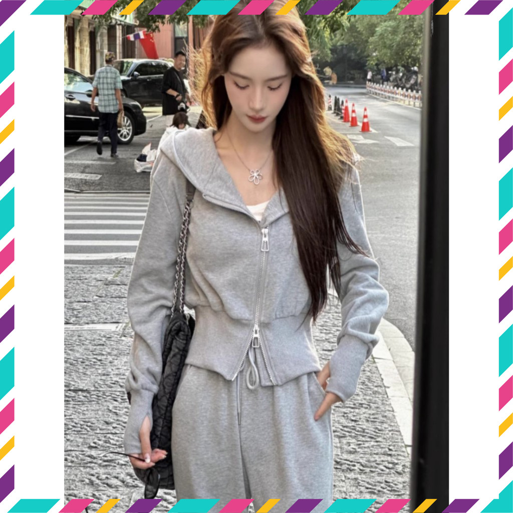 Set Nỉ Nữ - Áo khoác thể thao kèm quần ống rộng, Khóa kéo 2 chiều kiểu mới Chất nỉ tăm Quảng Châu, Mũ may 2 lớp