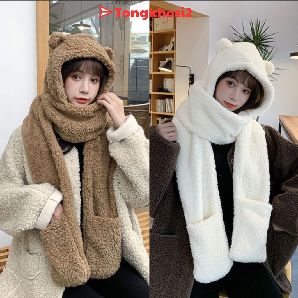 PVN22735 Mũ Lông Dày 250g liền Khăn Tai Gấu Có Chỗ Xỏ Tay T2