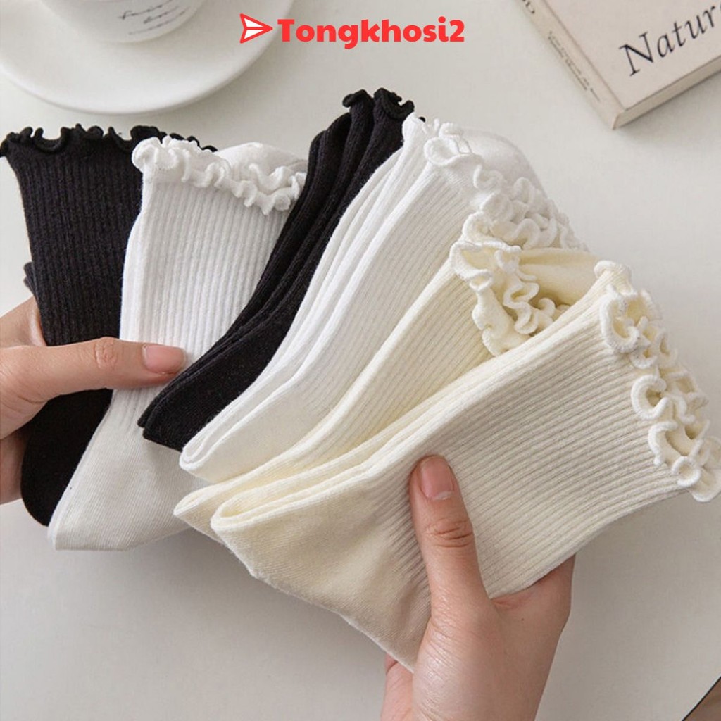 PVN60825 Set 2 Đôi tất , vớ ống giữa ren trắng nữ cổ cao Cách Nhật cả nam và nữ trắng/be/đen ba màu tùy chọn