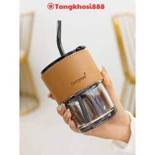 PVN44466 Cốc giữ nhiệt thủy tinh tặng kèm bao da ống hút, ly chịu nhiệt dùng uống cafe sang chảnh