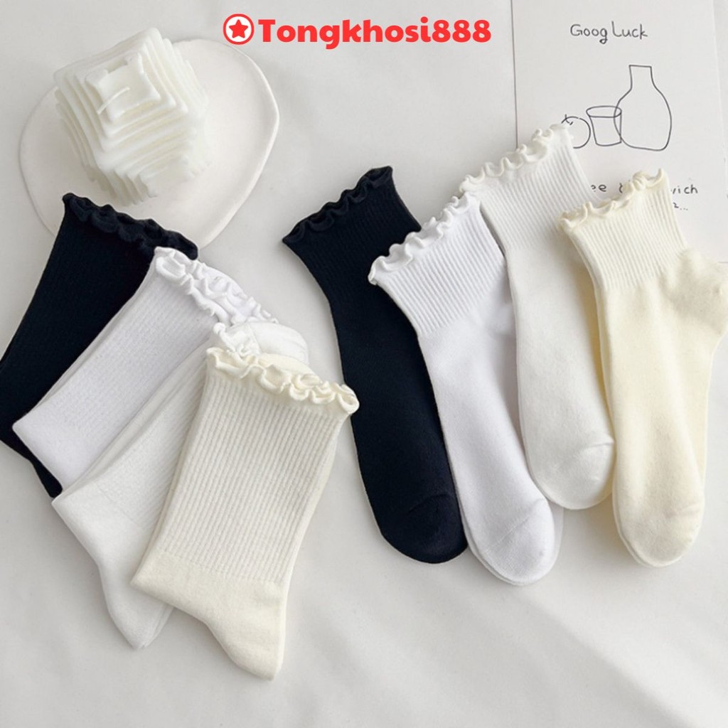 PVN60825 Set 2 Đôi tất, vớ ống giữa ren trắng nữ cổ cao Cách Nhật cả nam và nữ trắng/be/đen ba màu tùy chọn