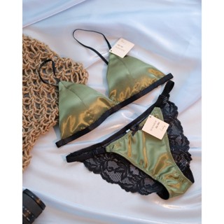 Set lụa xanh rêu Áo ngực không gọng Lamluy Bra lụa satin xanh rêu mềm mịn và quần dây