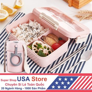 Bộ Hộp Đựng Cơm Giữ Nhiệt Chia 3 Ngăn Bento Cute - Mua Thêm Cốc Canh - Túi Ăn Trưa Văn Phòng - Cà Mèn Thìa Đũa