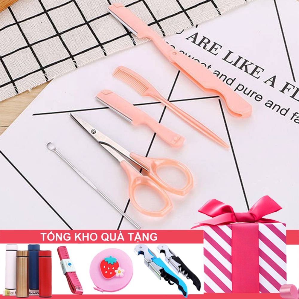 Bộ Kit Phụ Kiện Trang Điểm Kiểu 5 Món Dụng Cụ Kéo, Dao, Lược Cắt Tỉa Lông Mày