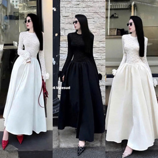 Váy Maxi Cổ Tròn Ren Hoa 2 Lớp Đính Hoa Cổ Tay Phối Thô Mềm Xòe Bồng Tự Nhiên 3 Màu Bao Sang (Ảnh Thật Trải Sàn) Lollaye