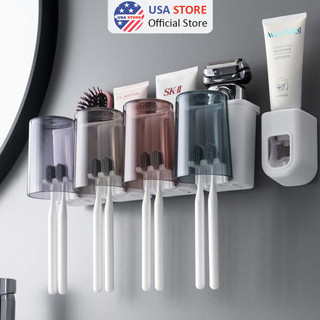 Kệ Cao Cấp J9 Để 4 Bàn Chải + 4 Cốc - Nhả Kem Đánh Răng Tự Động Thông Minh Gọn Gàng - Dán Tường Nhà Tắm Siêu Chắc
