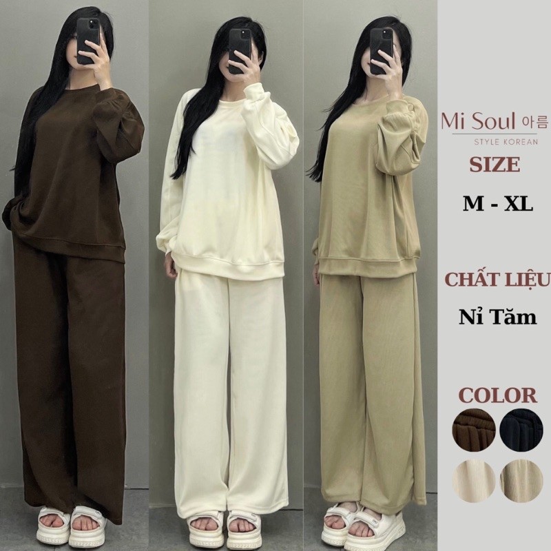 Bộ thu đông dài nỉ tăm quần suông phom to rộng