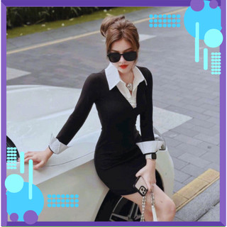 Đầm body, đầm body mix cổ sơ mi , chất thun tăm lạnh siêu co dãn hàng nhập QC ạ DN-005